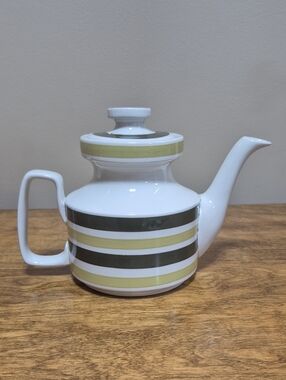 STAFFORDSHIRE Vintage 'Evergreen' White & Green Striped Teapot Mid Century
